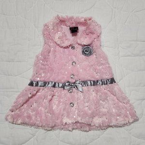 Girls Rule! Girls 6 Pink Gray Bow Flower Rhinestone Button Sequins Faux Fur Vest